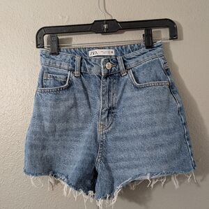 Zara Light Blue Frayed Hem High Rise Jean Shorts